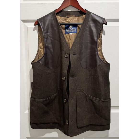 Galazan Brown Herringbone Tweed Wool Vest Leather Shoulder Patches Mens Size 54 - Picture 8 of 9